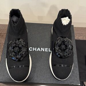 CHANEL  sock black sneakers with camellia . Authentic, size 39